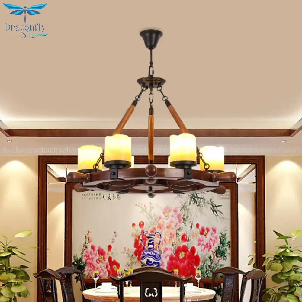 Marble/Clear Glass Brown Chandelier Cylinder 6/8 Lights Traditional Rope Pendant Lamp With Wood