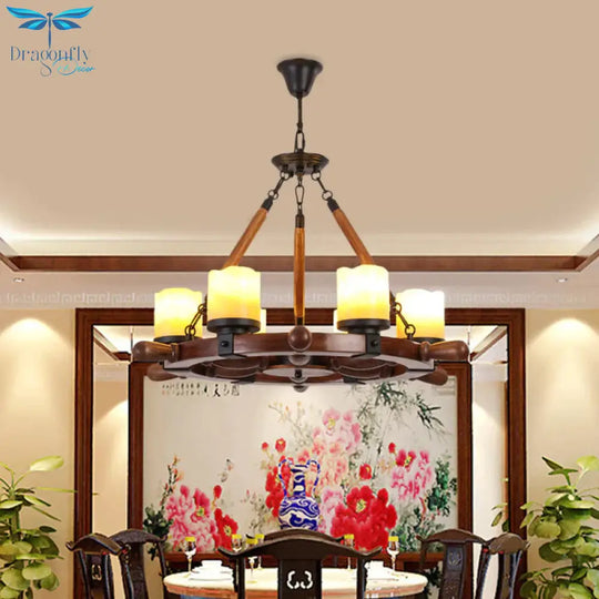 Marble/Clear Glass Brown Chandelier Cylinder 6/8 Lights Traditional Rope Pendant Lamp With Wood