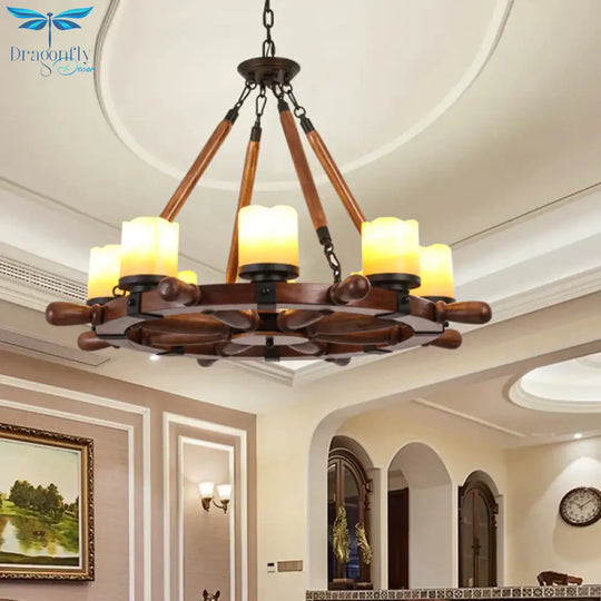 Marble/Clear Glass Brown Chandelier Cylinder 6/8 Lights Traditional Rope Pendant Lamp With Wood