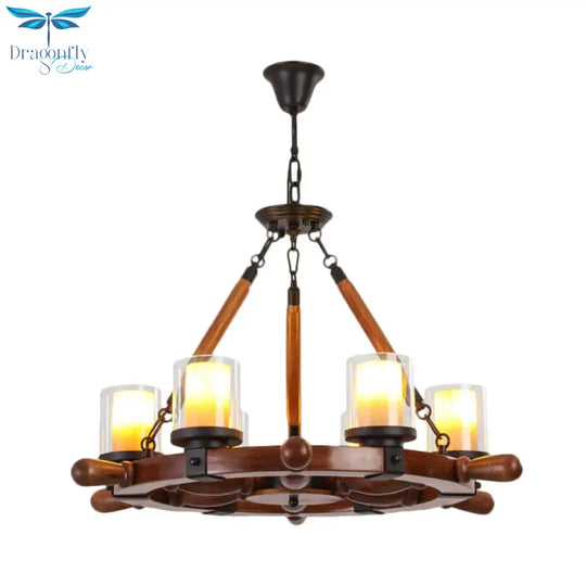 Marble/Clear Glass Brown Chandelier Cylinder 6/8 Lights Traditional Rope Pendant Lamp With Wood