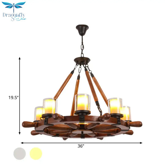 Marble/Clear Glass Brown Chandelier Cylinder 6/8 Lights Traditional Rope Pendant Lamp With Wood