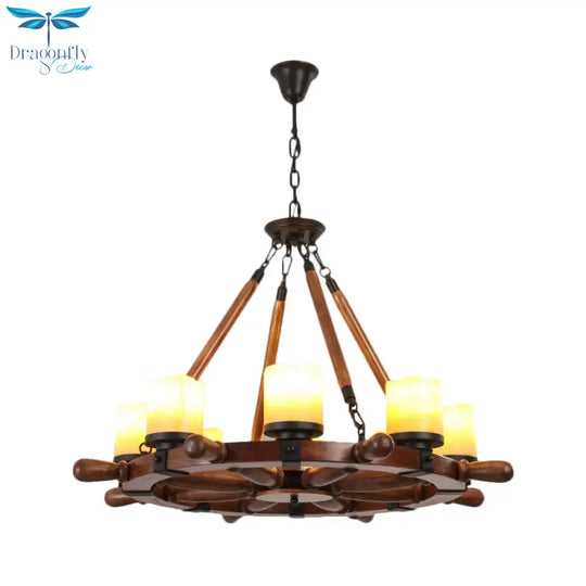 Marble/Clear Glass Brown Chandelier Cylinder 6/8 Lights Traditional Rope Pendant Lamp With Wood