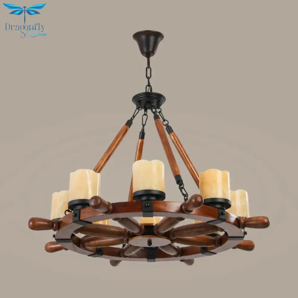 Marble/Clear Glass Brown Chandelier Cylinder 6/8 Lights Traditional Rope Pendant Lamp With Wood