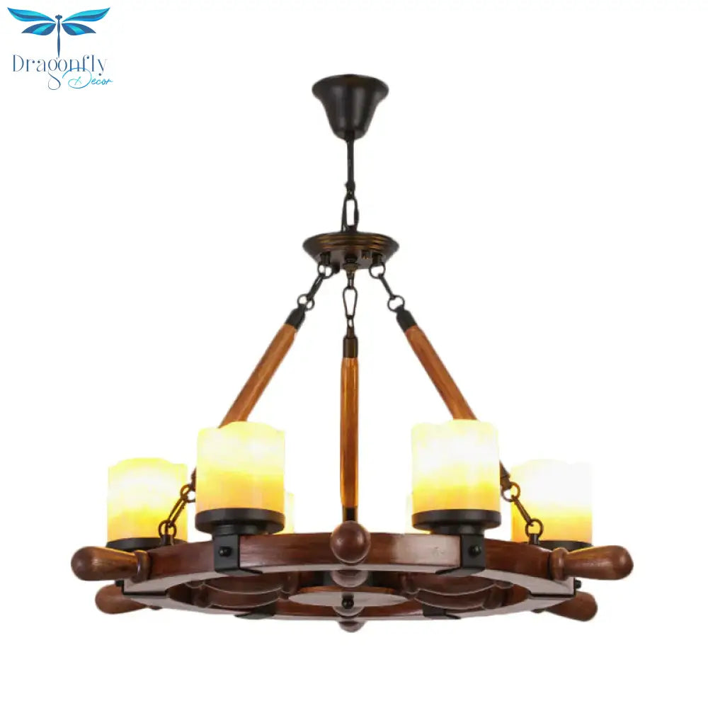 Marble/Clear Glass Brown Chandelier Cylinder 6/8 Lights Traditional Rope Pendant Lamp With Wood