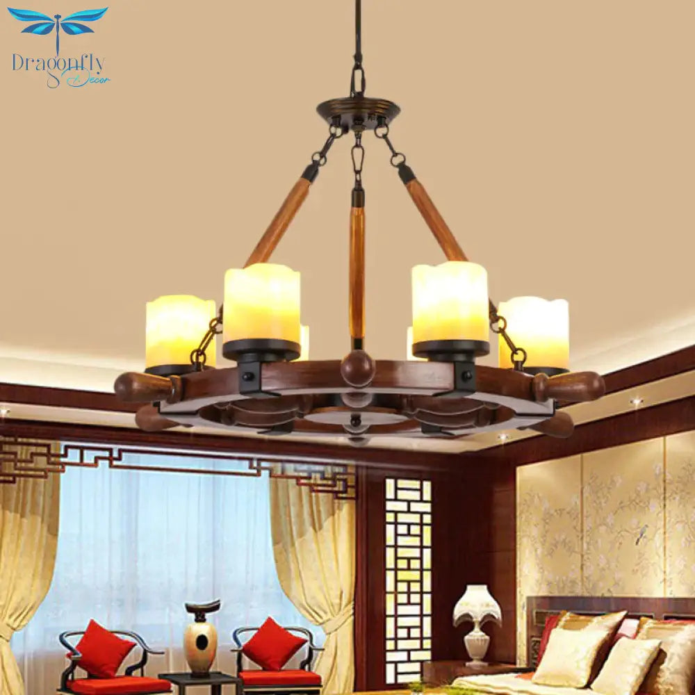 Marble/Clear Glass Brown Chandelier Cylinder 6/8 Lights Traditional Rope Pendant Lamp With Wood