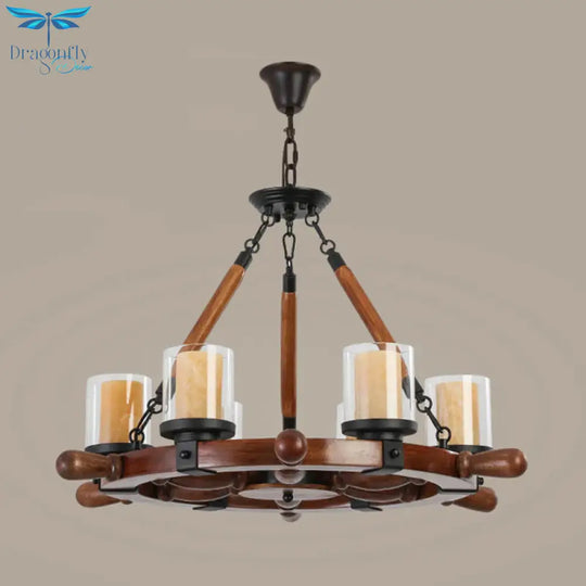 Marble/Clear Glass Brown Chandelier Cylinder 6/8 Lights Traditional Rope Pendant Lamp With Wood