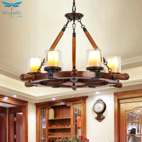 Marble/Clear Glass Brown Chandelier Cylinder 6/8 Lights Traditional Rope Pendant Lamp With Wood
