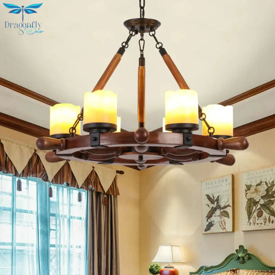 Marble/Clear Glass Brown Chandelier Cylinder 6/8 Lights Traditional Rope Pendant Lamp With Wood