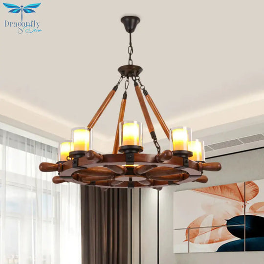 Marble/Clear Glass Brown Chandelier Cylinder 6/8 Lights Traditional Rope Pendant Lamp With Wood