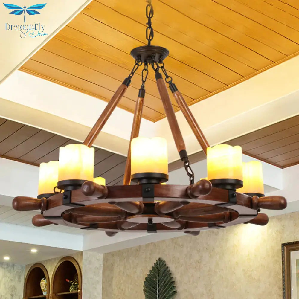Marble/Clear Glass Brown Chandelier Cylinder 6/8 Lights Traditional Rope Pendant Lamp With Wood
