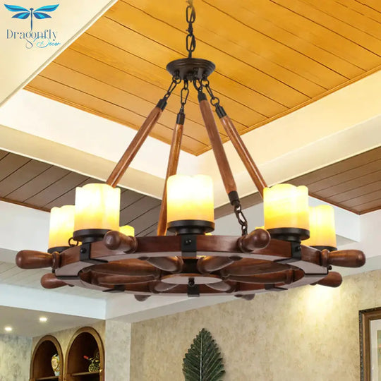 Marble/Clear Glass Brown Chandelier Cylinder 6/8 Lights Traditional Rope Pendant Lamp With Wood