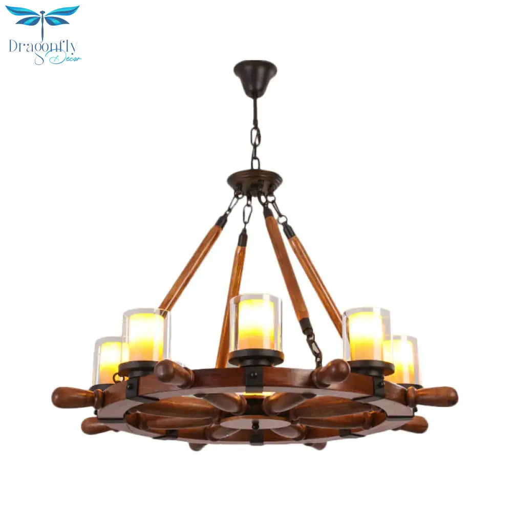Marble/Clear Glass Brown Chandelier Cylinder 6/8 Lights Traditional Rope Pendant Lamp With Wood