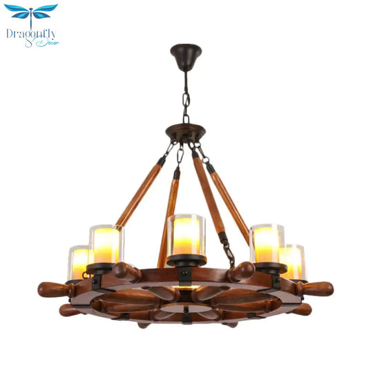 Marble/Clear Glass Brown Chandelier Cylinder 6/8 Lights Traditional Rope Pendant Lamp With Wood