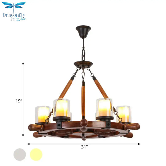 Marble/Clear Glass Brown Chandelier Cylinder 6/8 Lights Traditional Rope Pendant Lamp With Wood