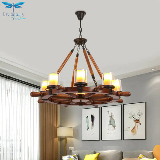 Marble/Clear Glass Brown Chandelier Cylinder 6/8 Lights Traditional Rope Pendant Lamp With Wood