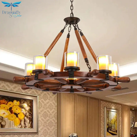 Marble/Clear Glass Brown Chandelier Cylinder 6/8 Lights Traditional Rope Pendant Lamp With Wood