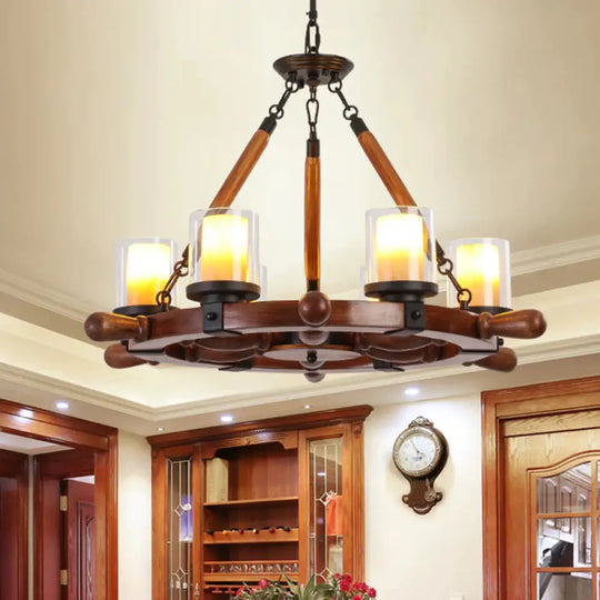 Marble/Clear Glass Brown Chandelier Cylinder 6/8 Lights Traditional Rope Pendant Lamp With Wood