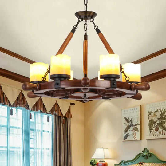 Marble/Clear Glass Brown Chandelier Cylinder 6/8 Lights Traditional Rope Pendant Lamp With Wood