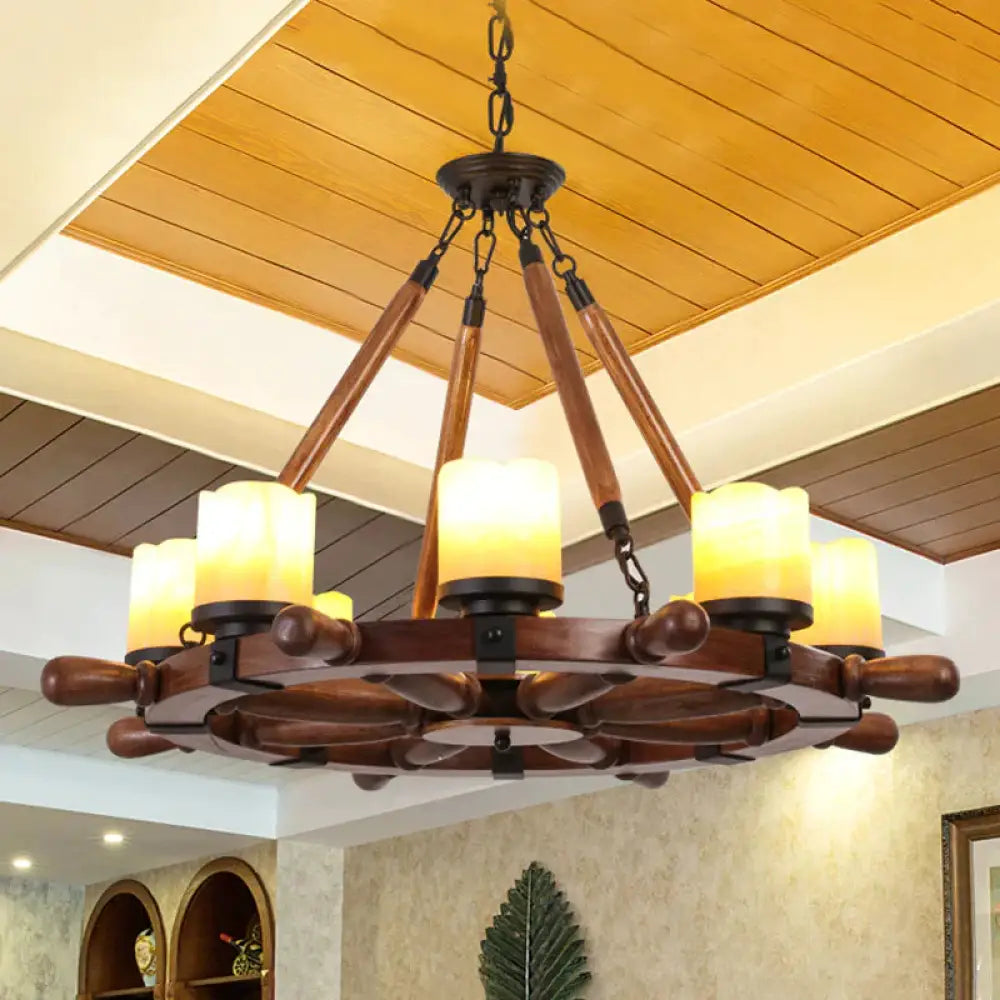 Marble/Clear Glass Brown Chandelier Cylinder 6/8 Lights Traditional Rope Pendant Lamp With Wood