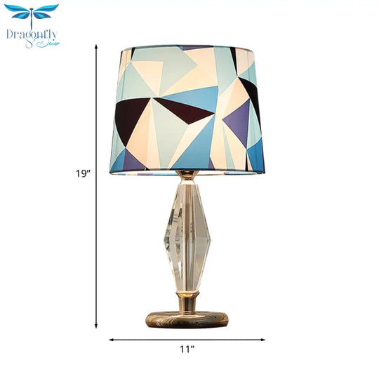 Menchib - Blue Patchwork Fabric Table Lamp Modern 1 Bulb Bedroom Nightstand Light In With Crystal