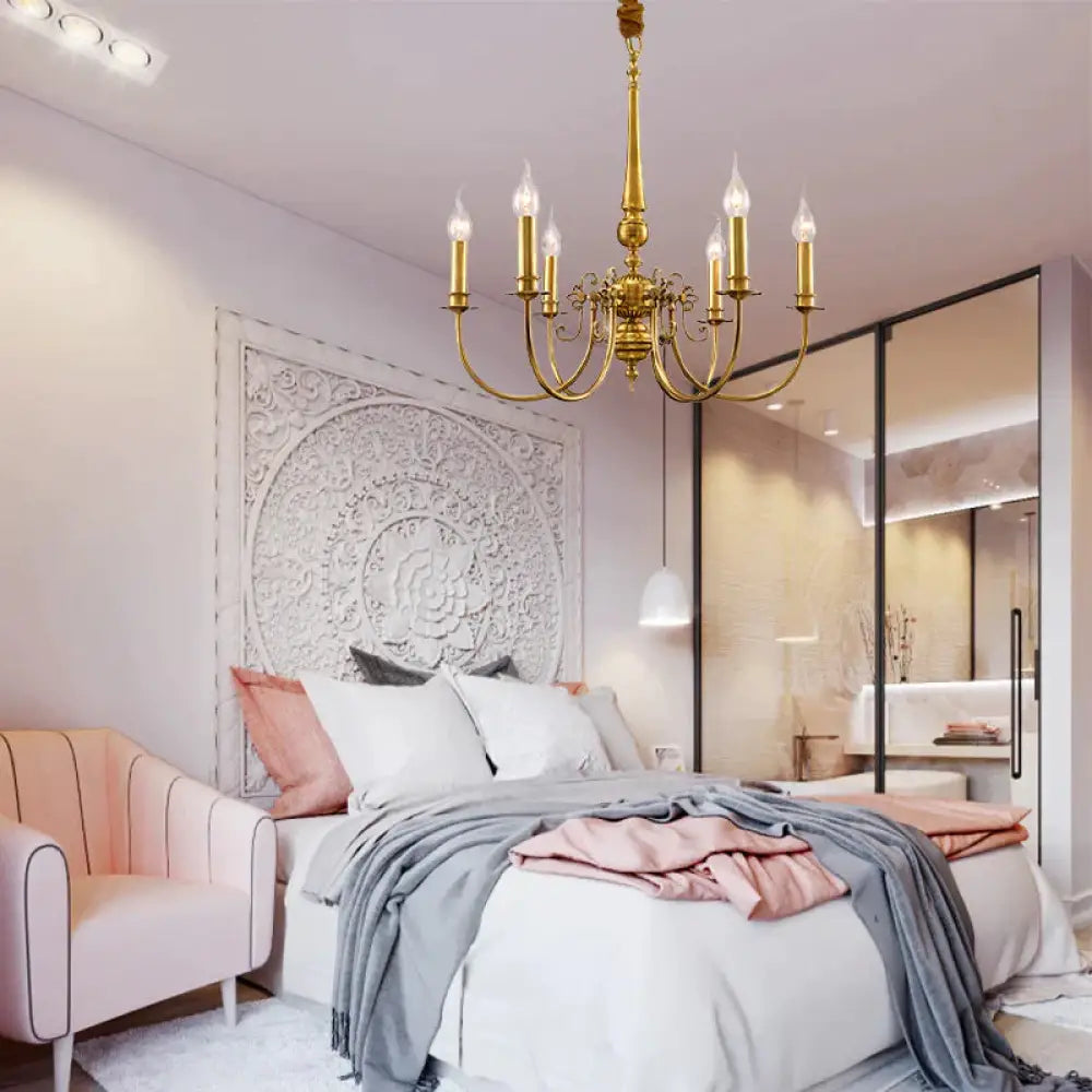 Metal Arched Arm Chandelier Light Fixture Colonialist 6 Lights Living Room Ceiling Pendant In Gold