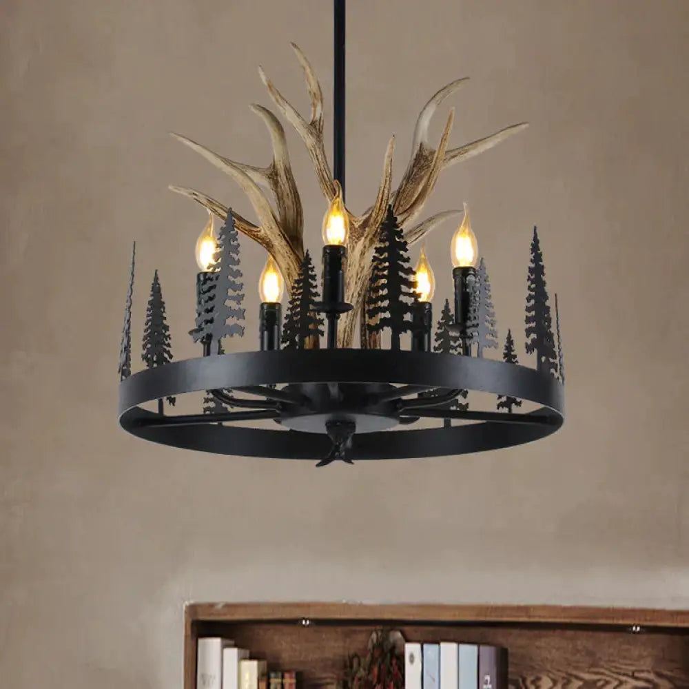 Metal Black Ceiling Chandelier Candle 5 Heads Farmhouse Hanging Pendant Light With Wheel Design