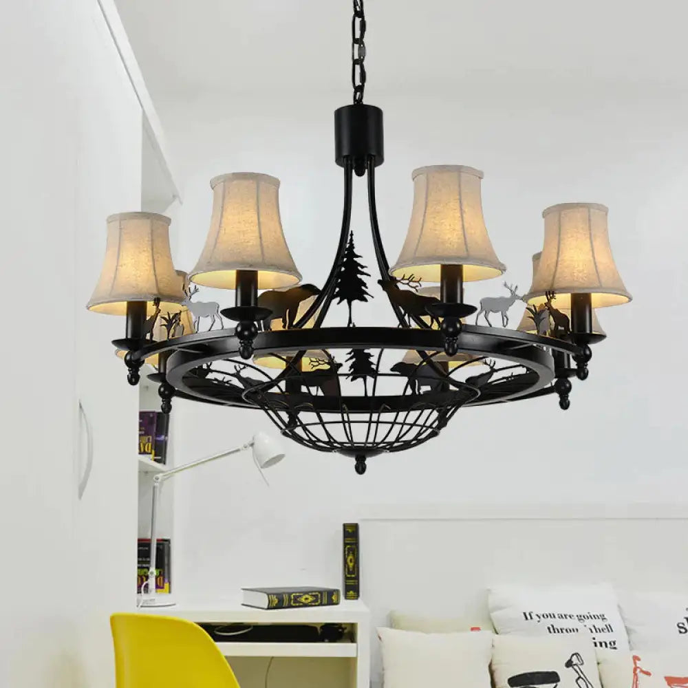 Metal Black Hanging Chandelier Bell 8 - Bulb Traditional Suspension Light With Cone Fabric Shade