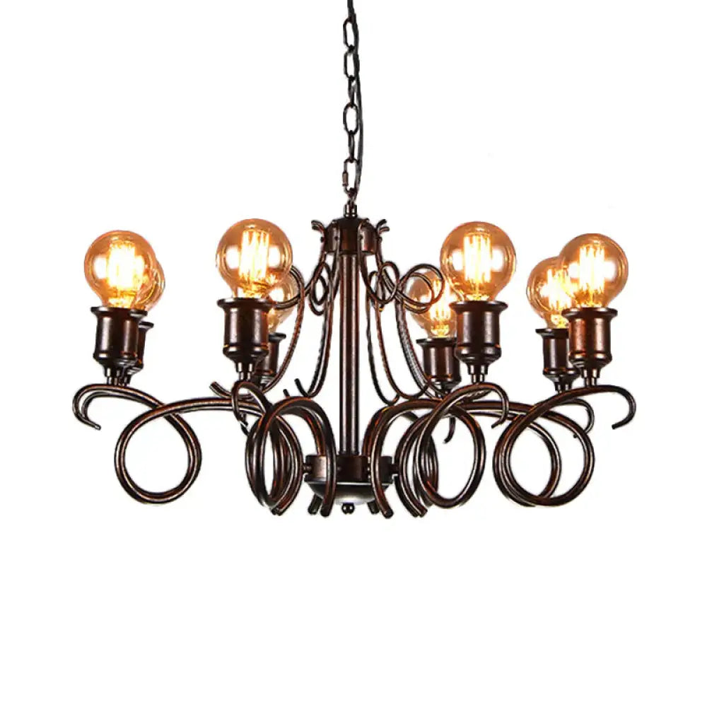 Metal Black Hanging Chandelier Swirled Arm 8 - Bulb Traditional Suspension Light For Living Room