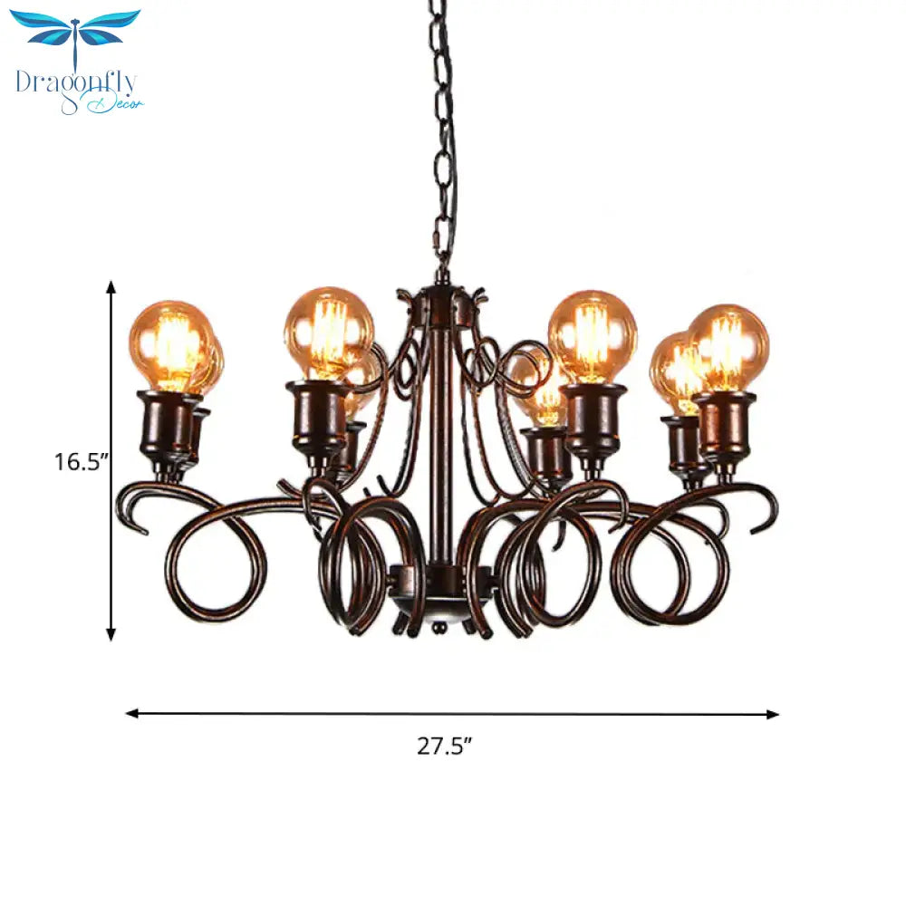 Metal Black Hanging Chandelier Swirled Arm 8 - Bulb Traditional Suspension Light For Living Room