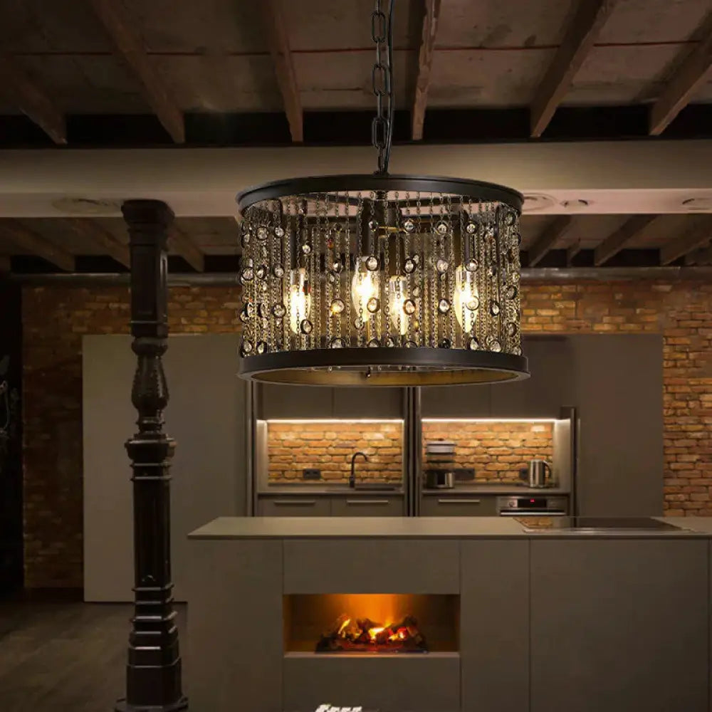 Metal Black Pendant Lamp Drum 4 Lights Rustic Chandelier Light Fixture For Dining Room With Crystal
