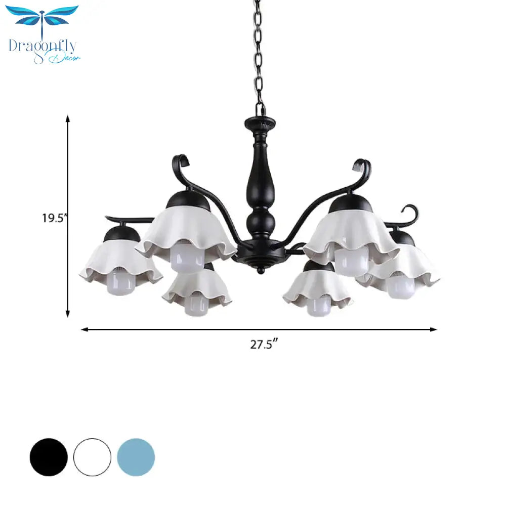 Metal Black/White/Blue Chandelier Lighting Scalloped 6 Heads Country Style Hanging Light Fixture