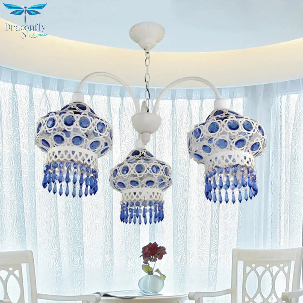 Metal Blue Chandelier Light Fixture Lantern 3 Bulbs Traditional Ceiling Pendant For Living Room
