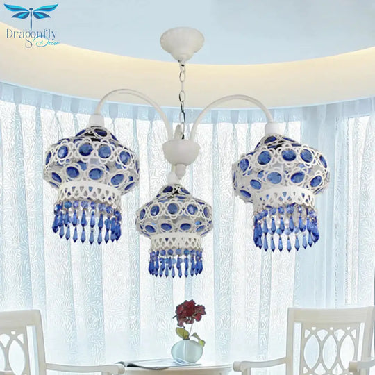 Metal Blue Chandelier Light Fixture Lantern 3 Bulbs Traditional Ceiling Pendant For Living Room