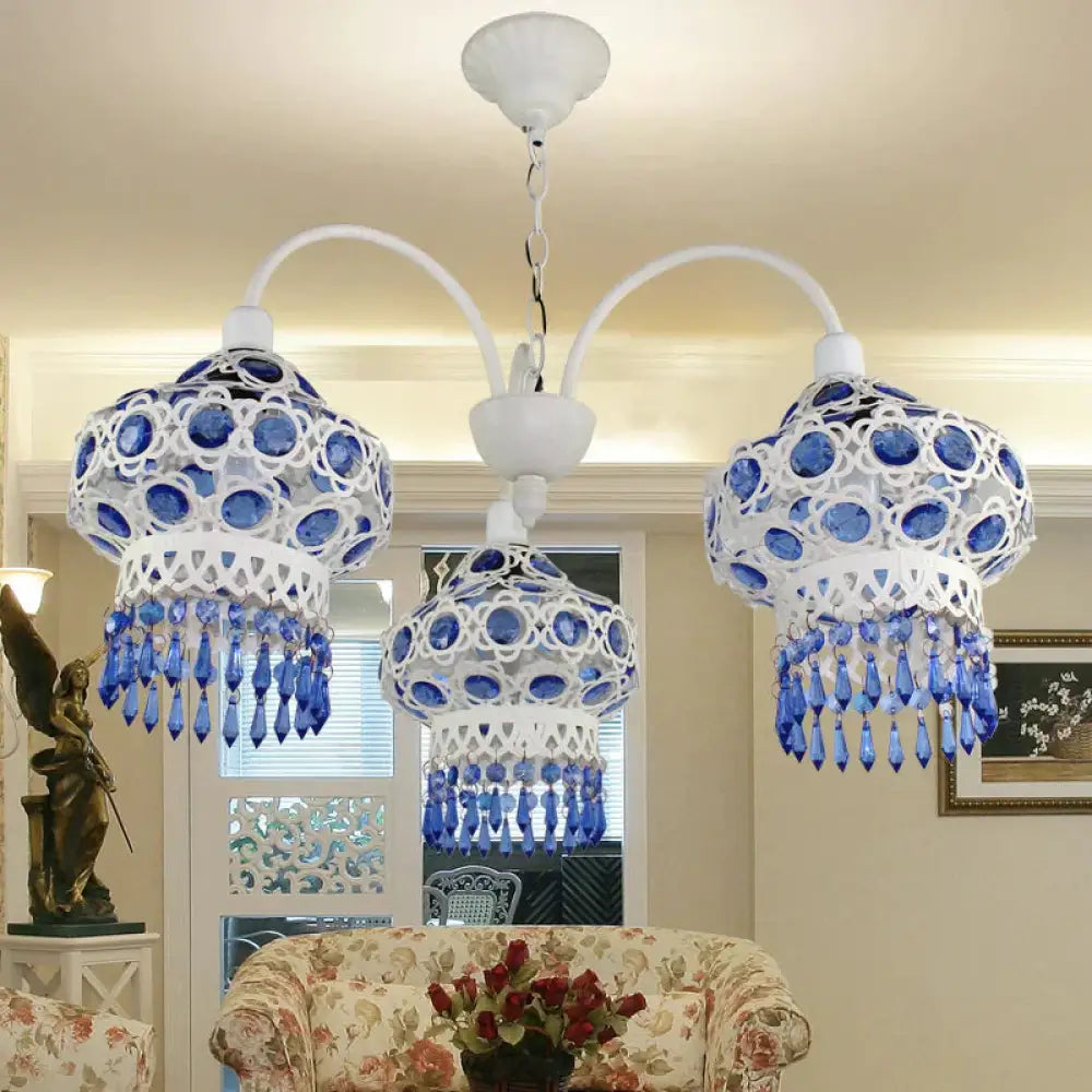 Metal Blue Chandelier Light Fixture Lantern 3 Bulbs Traditional Ceiling Pendant For Living Room