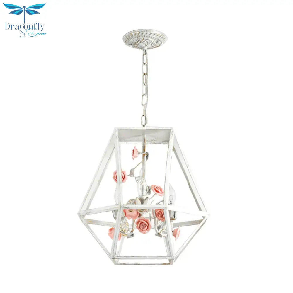 Metal Blue - Pink/White - Pink Pendulum Light Wire Cage 3 - Head Countryside Chandelier With