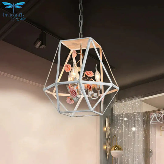 Metal Blue - Pink/White - Pink Pendulum Light Wire Cage 3 - Head Countryside Chandelier With