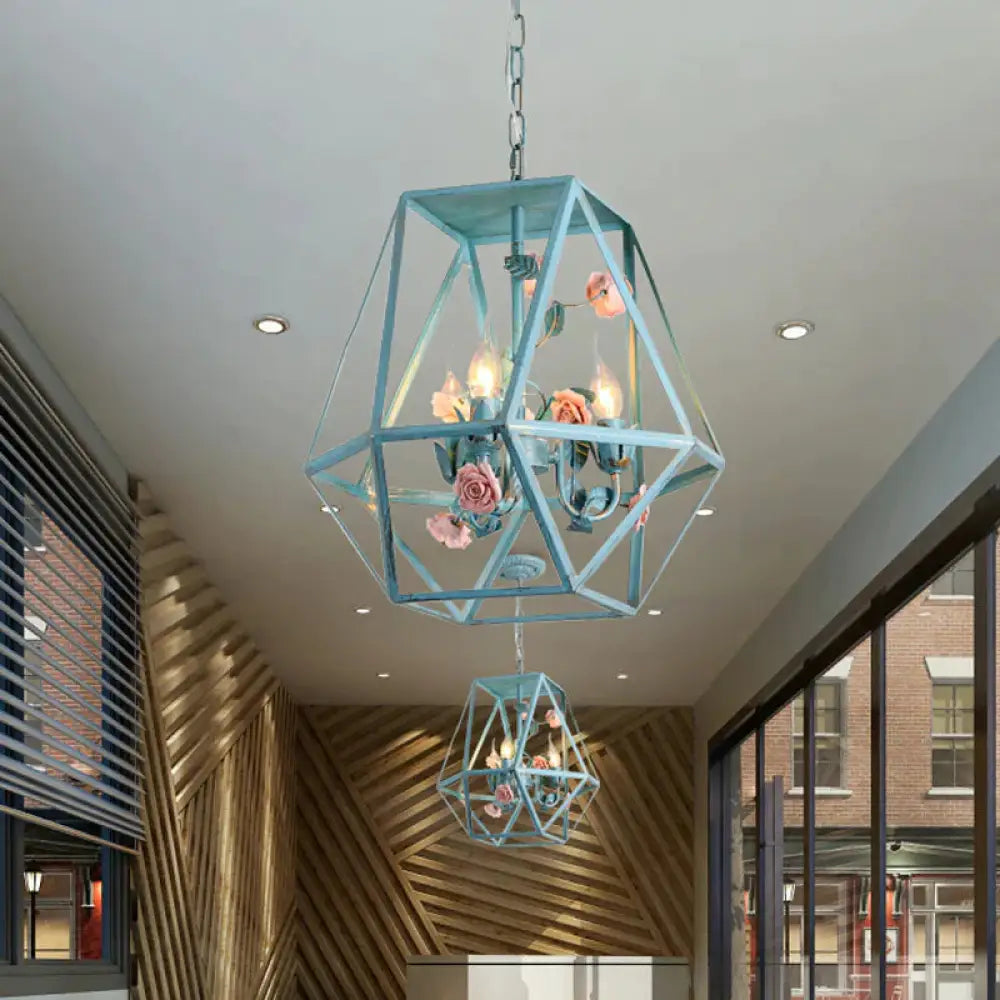 Metal Blue - Pink/White - Pink Pendulum Light Wire Cage 3 - Head Countryside Chandelier With