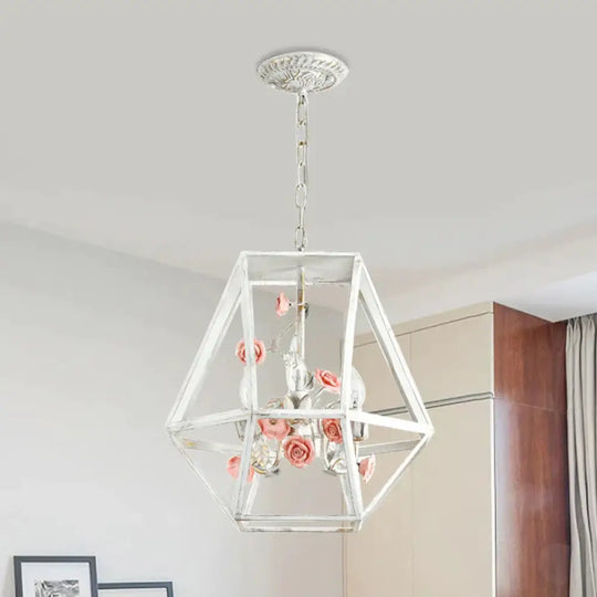 Metal Blue - Pink/White - Pink Pendulum Light Wire Cage 3 - Head Countryside Chandelier With