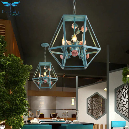 Metal Blue - Pink/White - Pink Pendulum Light Wire Cage 3 - Head Countryside Chandelier With