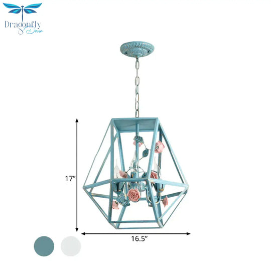 Metal Blue - Pink/White - Pink Pendulum Light Wire Cage 3 - Head Countryside Chandelier With