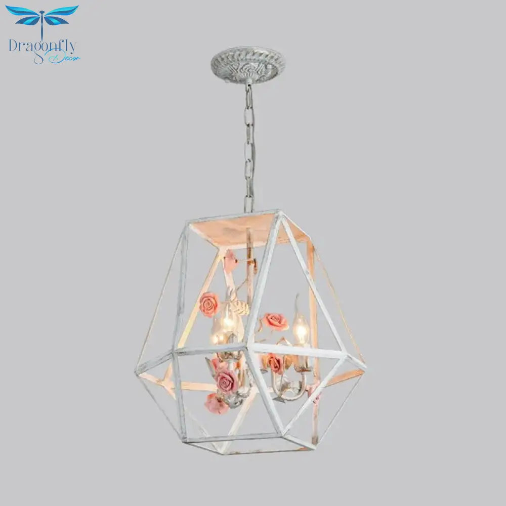 Metal Blue - Pink/White - Pink Pendulum Light Wire Cage 3 - Head Countryside Chandelier With