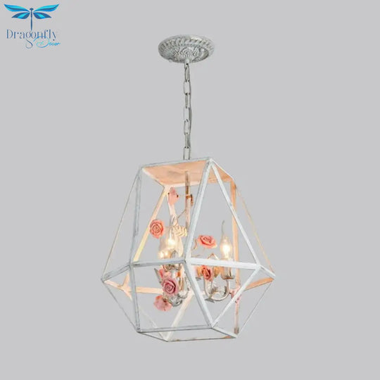 Metal Blue - Pink/White - Pink Pendulum Light Wire Cage 3 - Head Countryside Chandelier With
