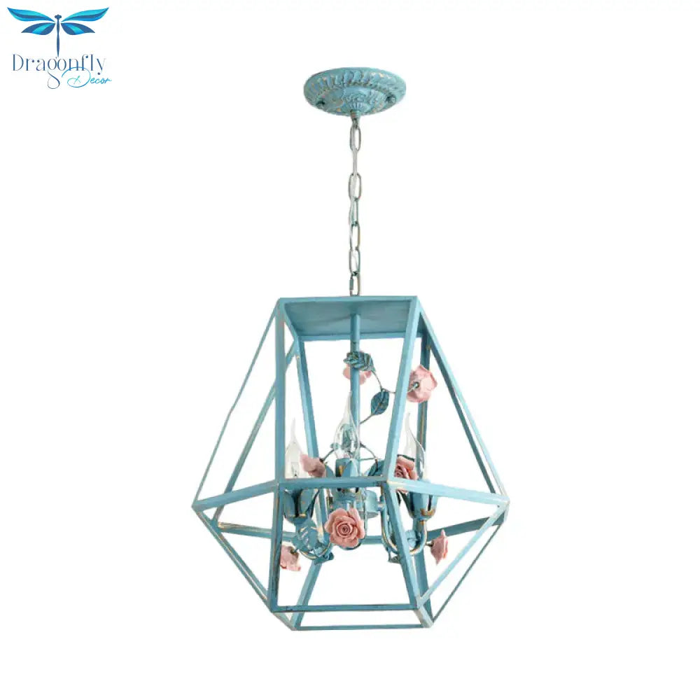Metal Blue - Pink/White - Pink Pendulum Light Wire Cage 3 - Head Countryside Chandelier With