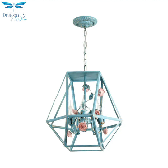 Metal Blue - Pink/White - Pink Pendulum Light Wire Cage 3 - Head Countryside Chandelier With
