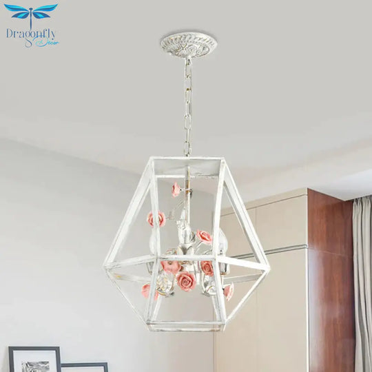 Metal Blue - Pink/White - Pink Pendulum Light Wire Cage 3 - Head Countryside Chandelier With