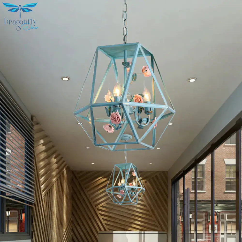 Metal Blue - Pink/White - Pink Pendulum Light Wire Cage 3 - Head Countryside Chandelier With