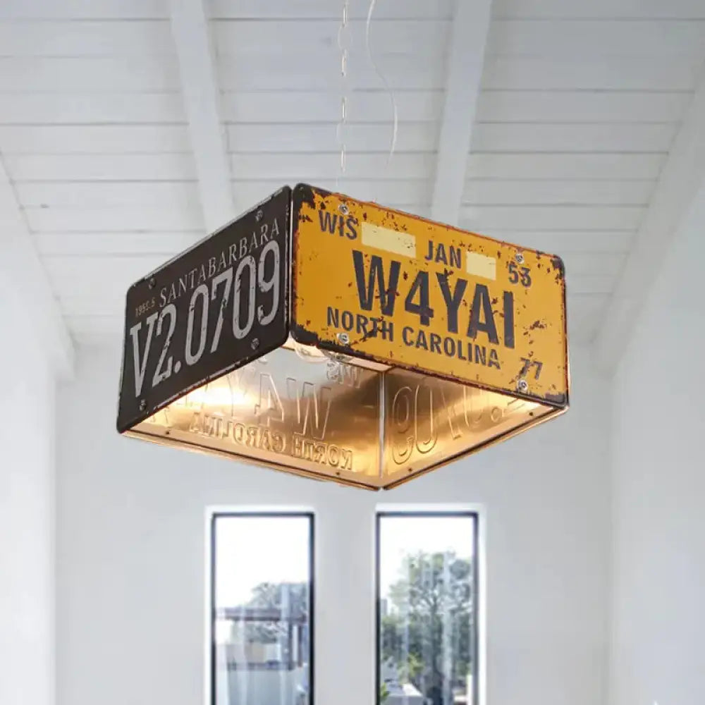 Metal Box Hanging Lamp Three - Light Vintage Chandeliers In Black And Yellow For Bistro