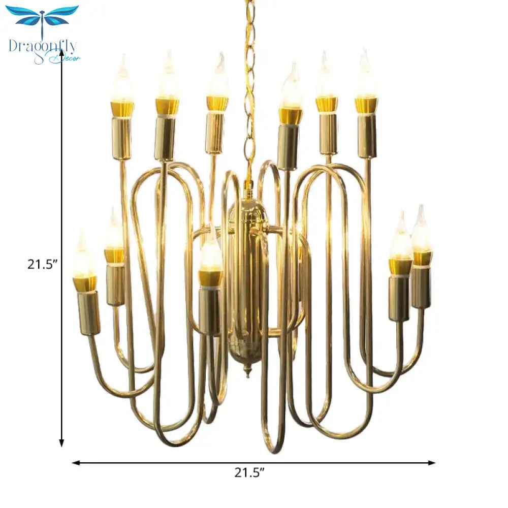 Metal Branch Chandelier Minimalism 12 Heads Gold Pendant Lighting Fixture For Dining Room