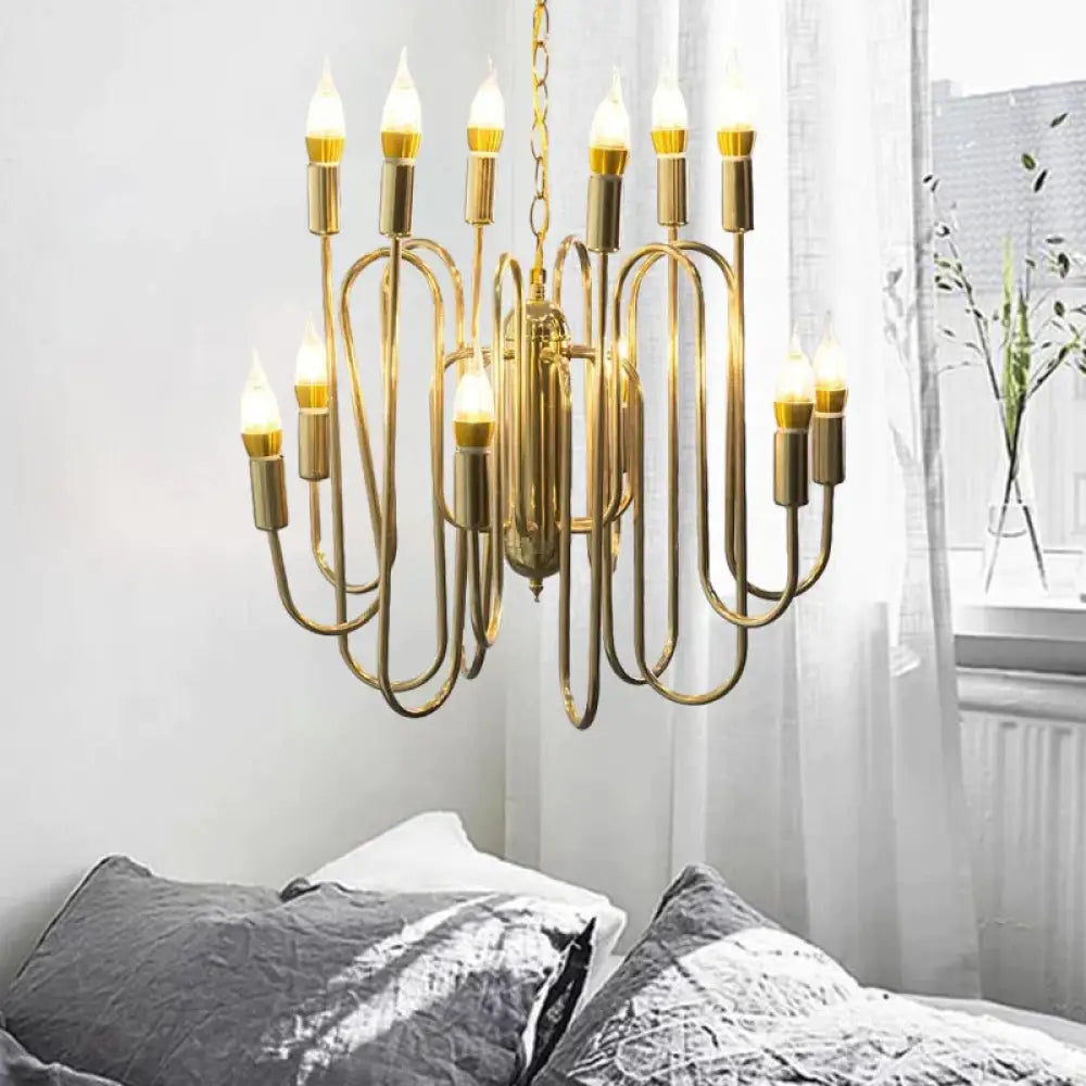 Metal Branch Chandelier Minimalism 12 Heads Gold Pendant Lighting Fixture For Dining Room