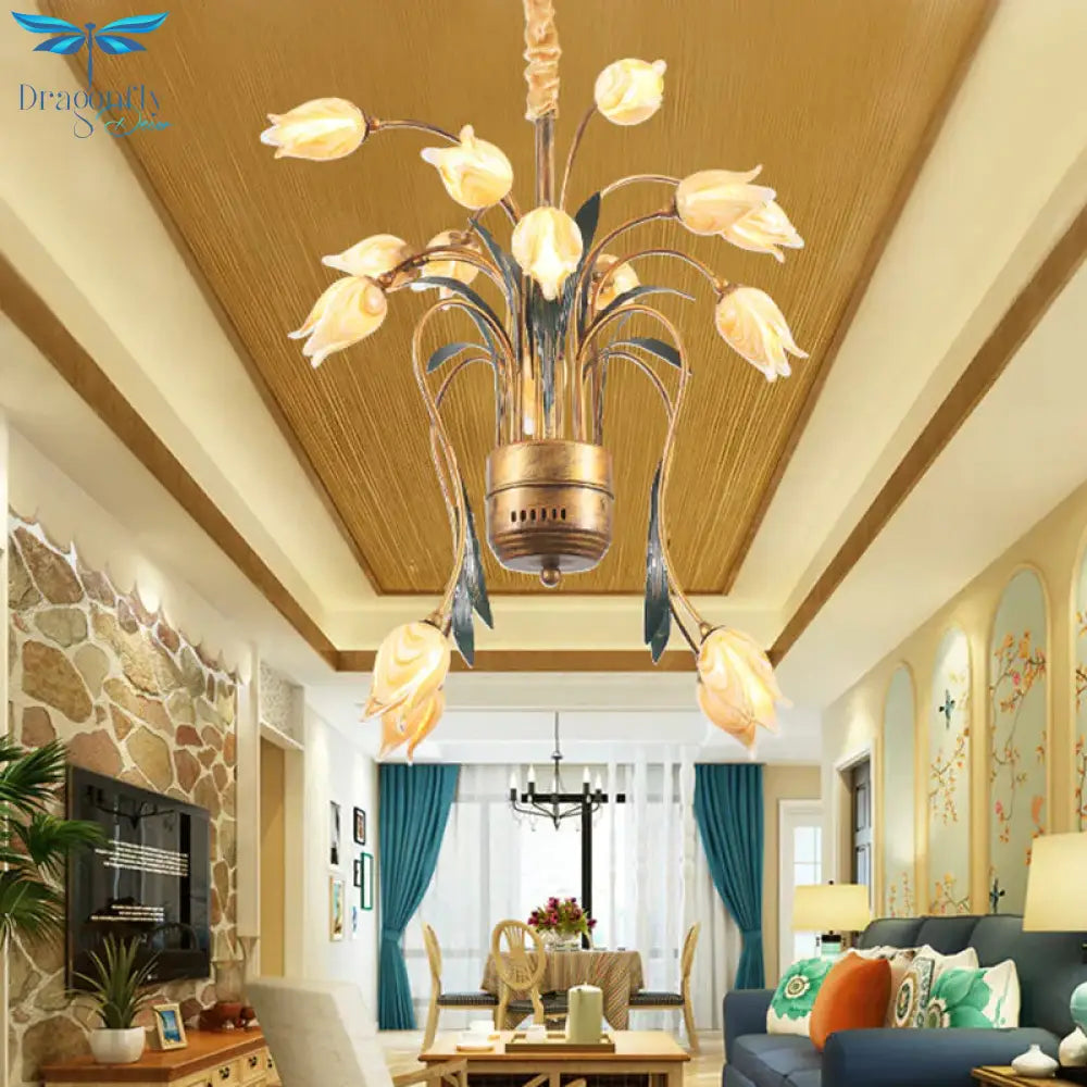 Metal Brass Hanging Chandelier Tulip 16/25 Lights Pastoral Style Led Down Lighting Pendant For